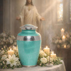 Soft Green Silver Metal Cremation Urn for Adult Ashes – Elegant Texture Design, 10” x 6”