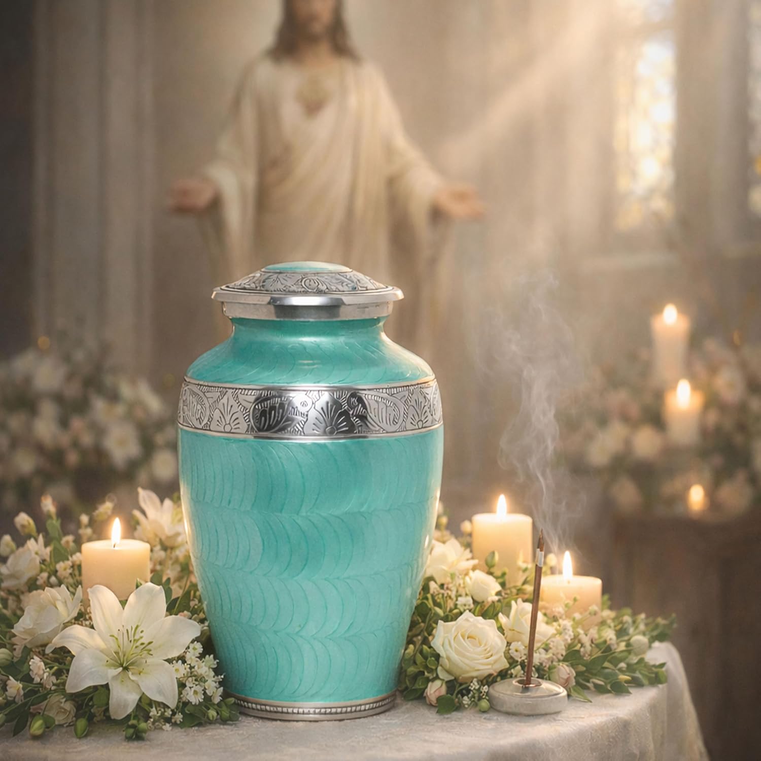 Soft Green Silver Metal Cremation Urn for Adult Ashes – Elegant Texture Design, 10” x 6”