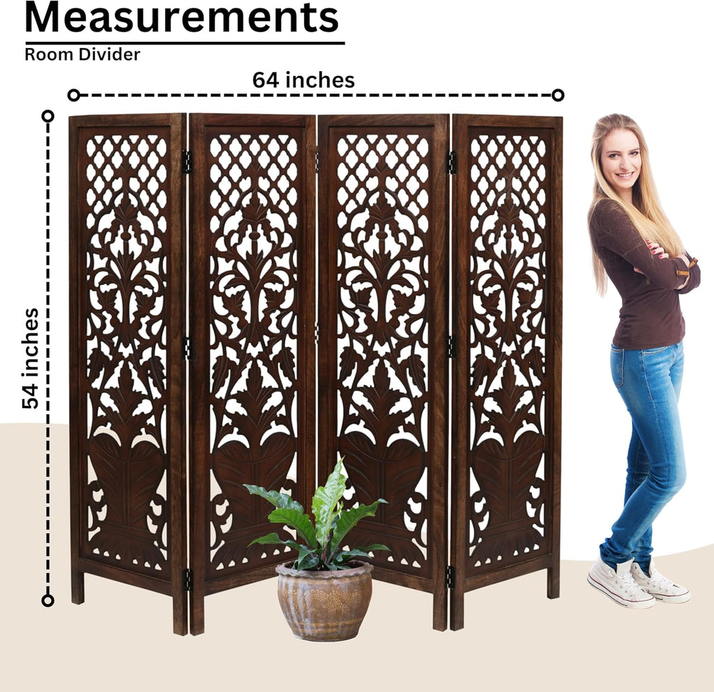 Hand-Carved Wooden Room Divider – 4-Panel Folding Screen (64”×54”)
