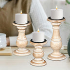 Wooden Town Turned Pillar Candle Holders – Set of 3 (White Wash)
