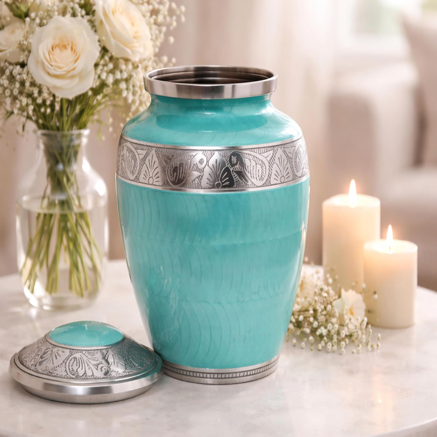 Soft Green Silver Metal Cremation Urn for Adult Ashes – Elegant Texture Design, 10” x 6”
