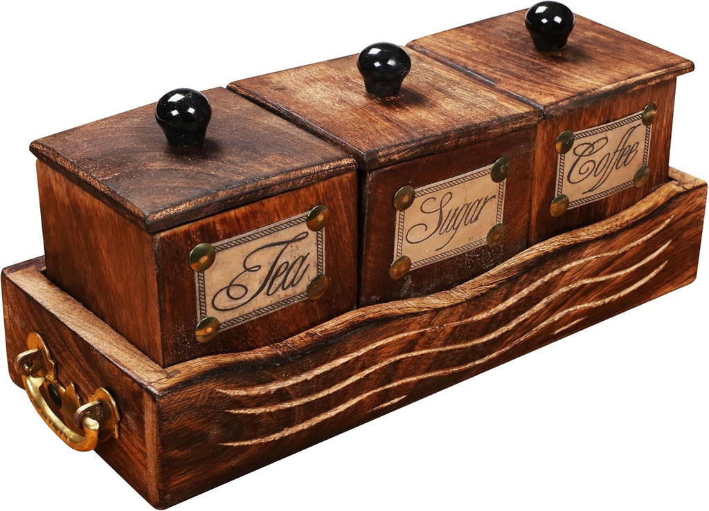 Wooden Tea Coffee Sugar Storage Canister Set with Holder (10.5×4×4 in)