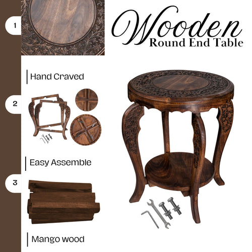 Farmhouse Round Wooden End Table – Tray Top, Handcrafted (18”×22”)