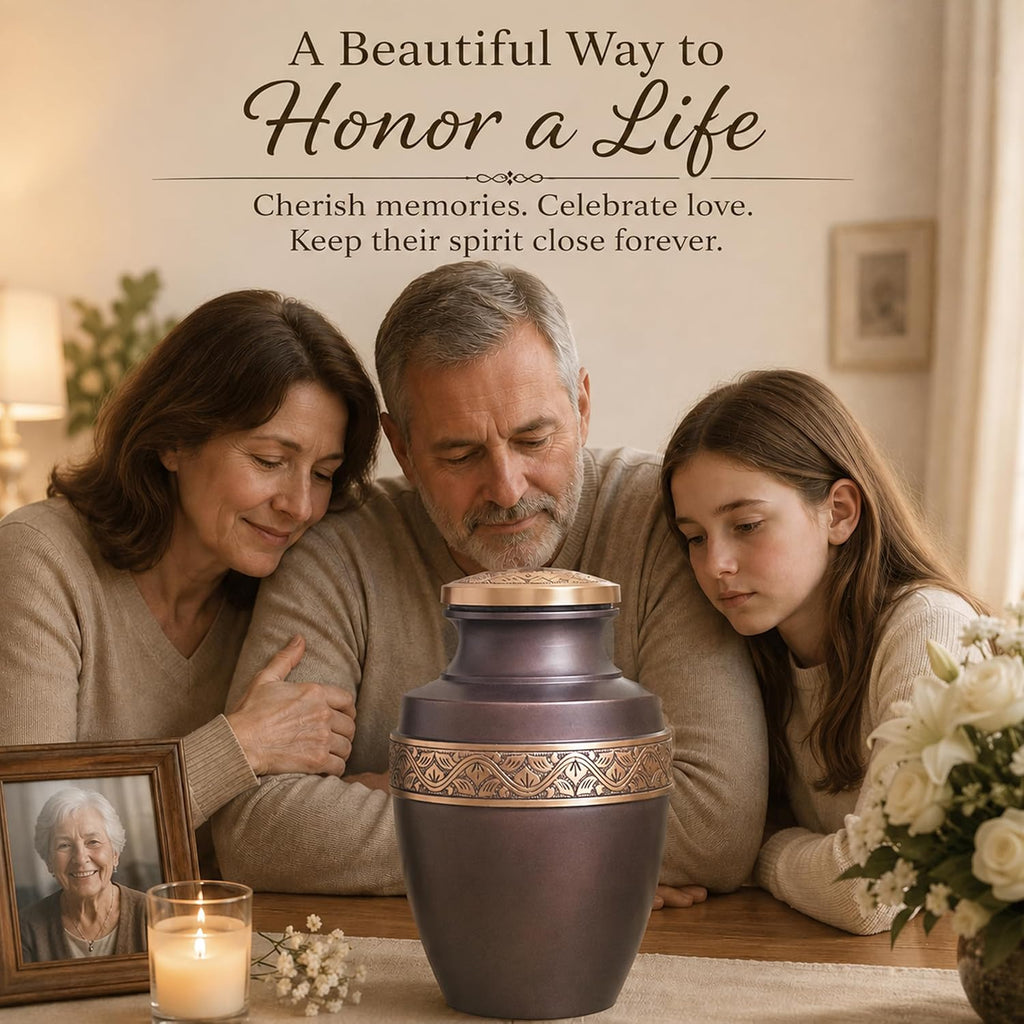 Grecian Coffee Gold Metal Cremation Urn for Adult Ashes – 9” x 7”