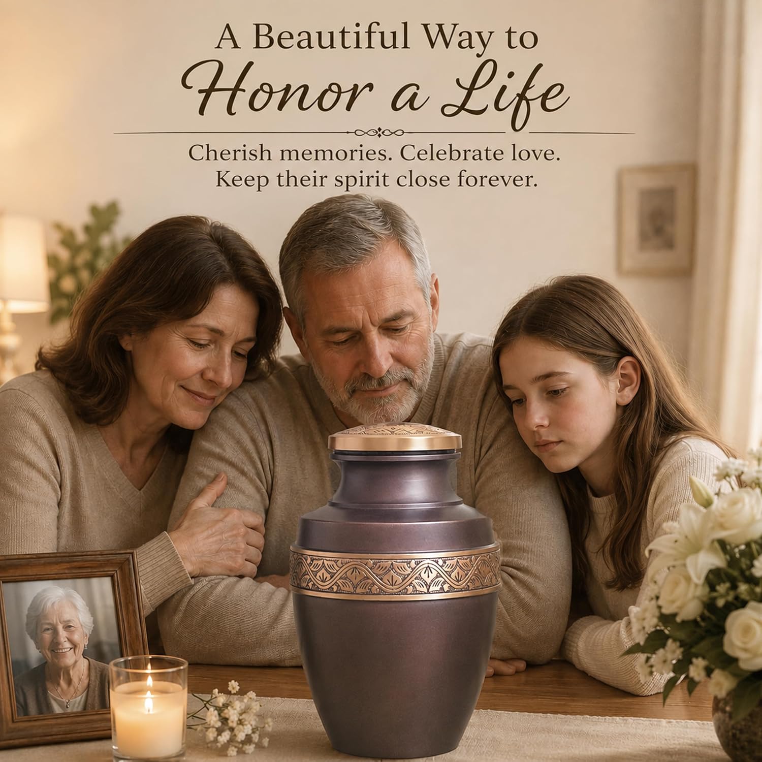 Grecian Coffee Gold Metal Cremation Urn for Adult Ashes – 9” x 7”
