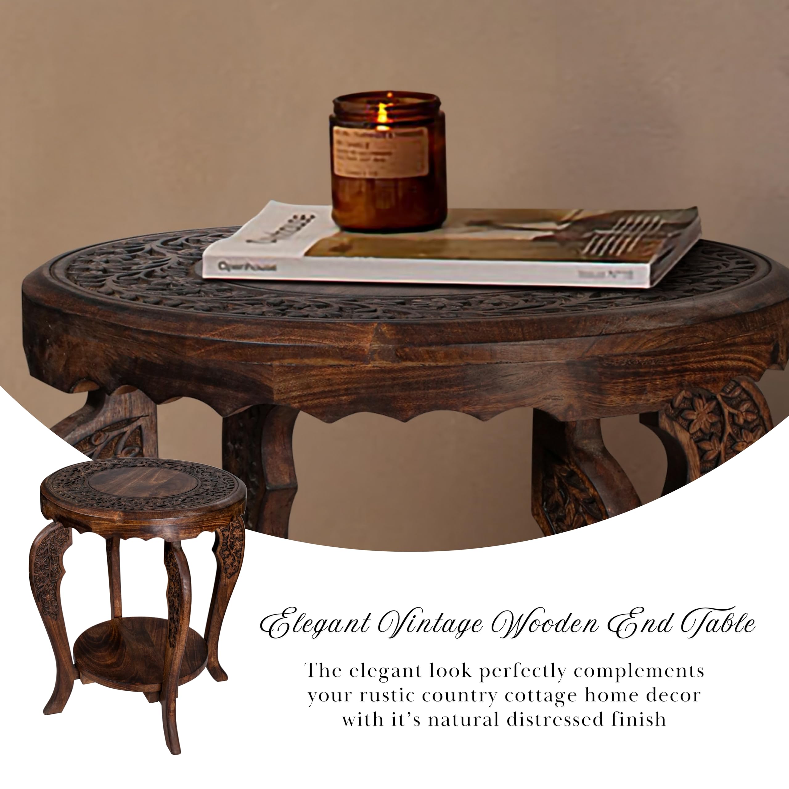 Farmhouse Round Wooden End Table – Tray Top, Handcrafted (18”×22”)