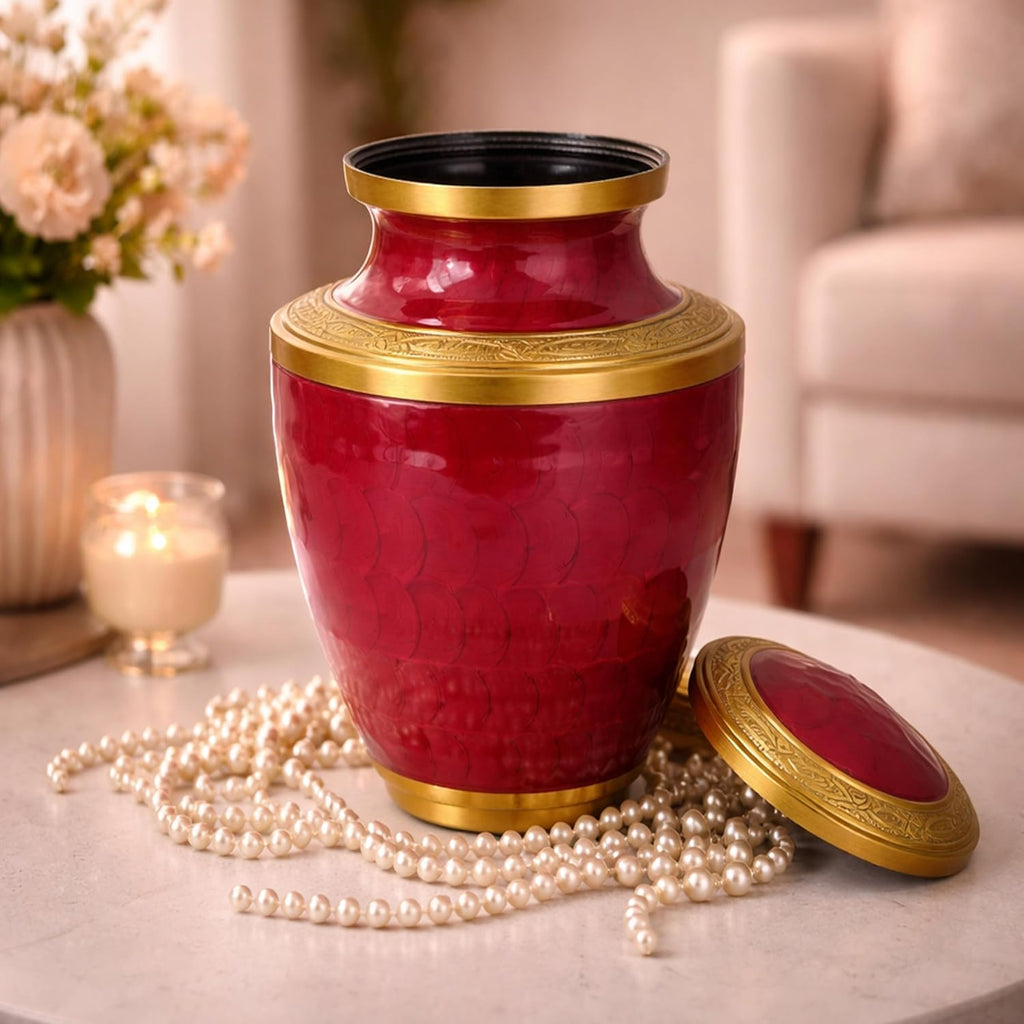 Trinity Crimson Red Gold Metal Cremation Urn for Adult Ashes – 10” x 6.5”