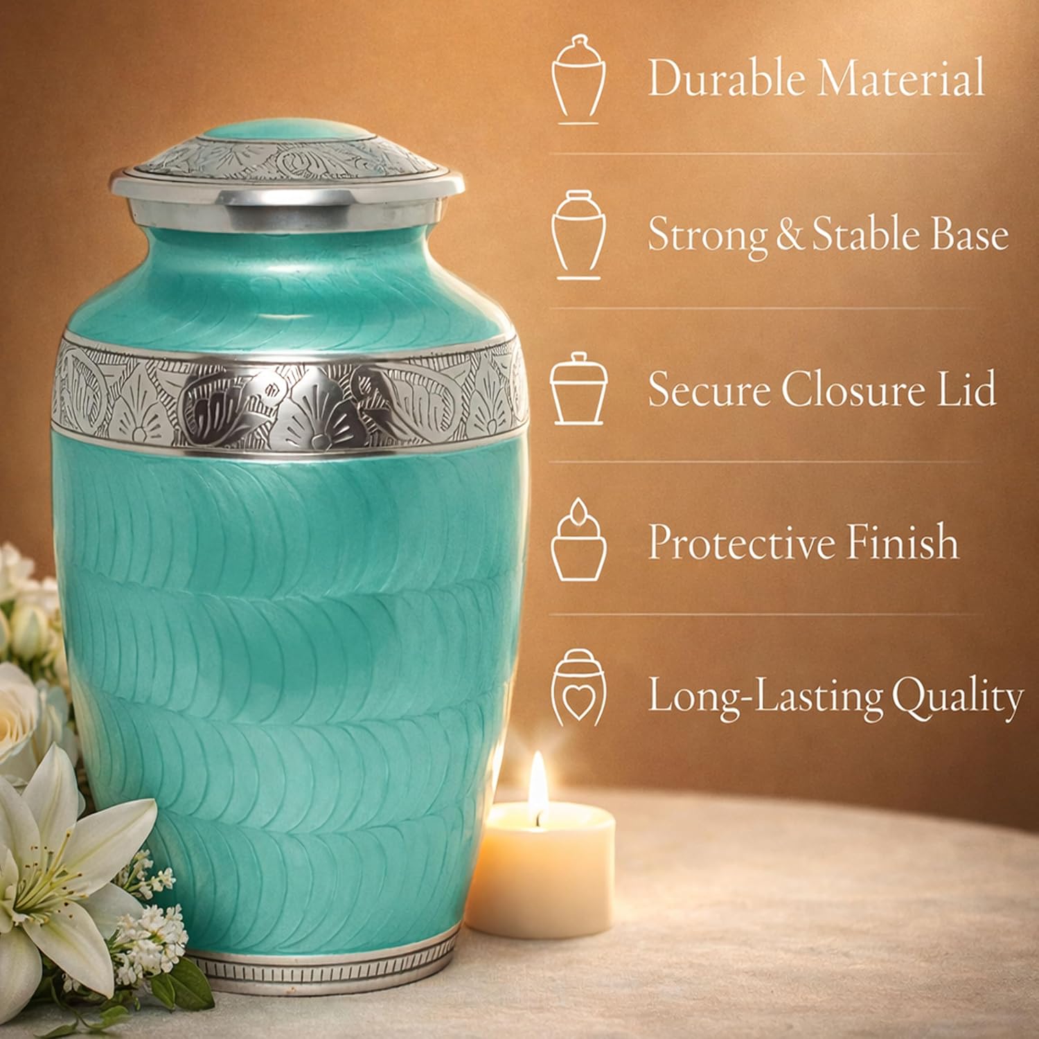 Soft Green Silver Metal Cremation Urn for Adult Ashes – Elegant Texture Design, 10” x 6”