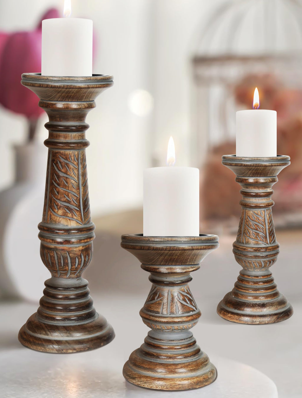 Wooden Town Leaf Design Pillar Candle Holders – Set of 3 (Grey Wash)