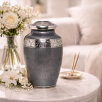Platinum Gray Silver Metal Cremation Urn for Adult Remains – Elegant Texture, 10” x 6”