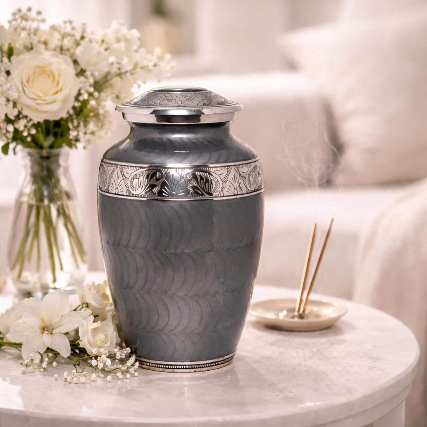 Platinum Gray Silver Metal Cremation Urn for Adult Remains – Elegant Texture, 10” x 6”