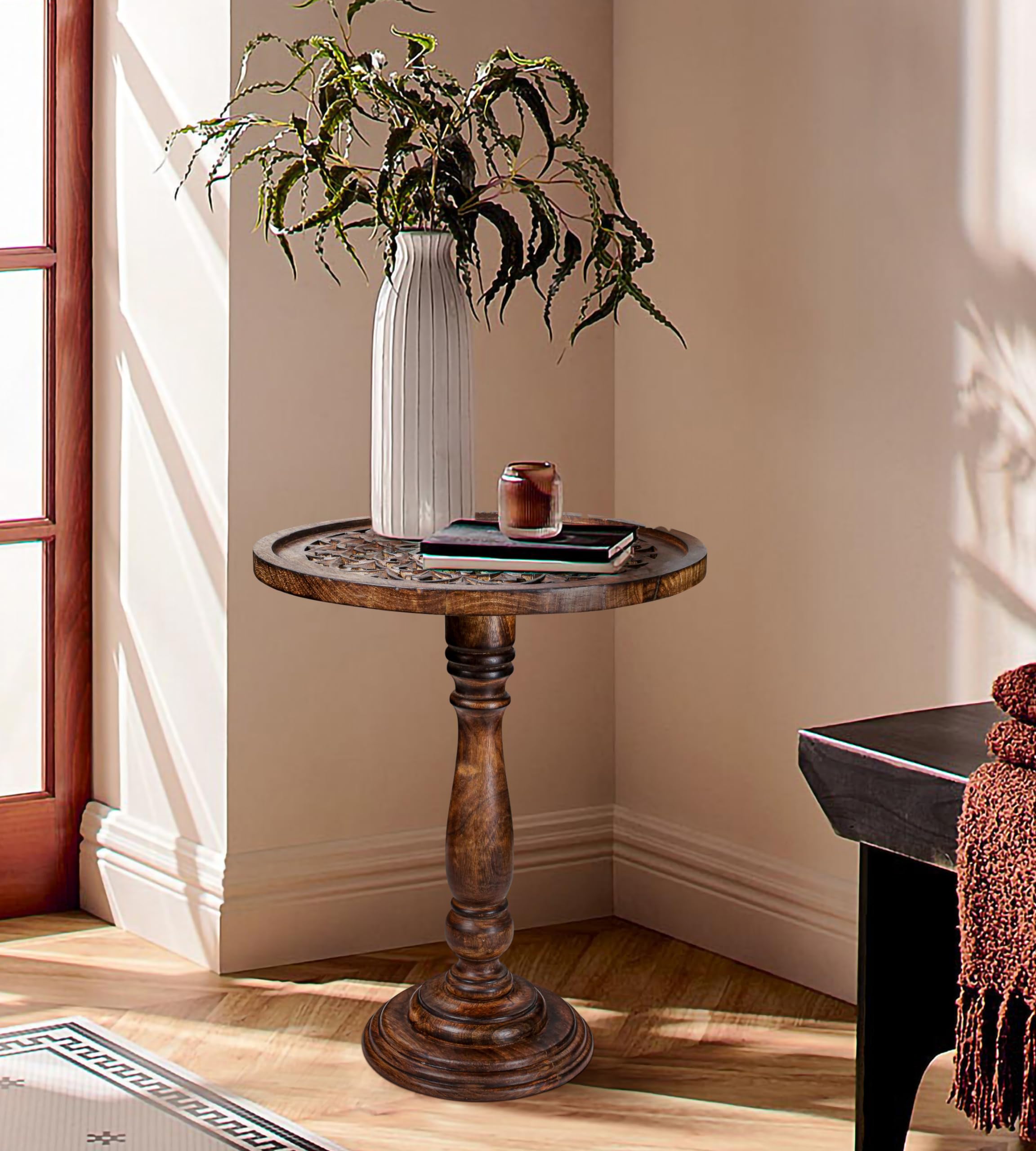 Hand-Carved Solid Wood Pedestal End Table (18”×22”)