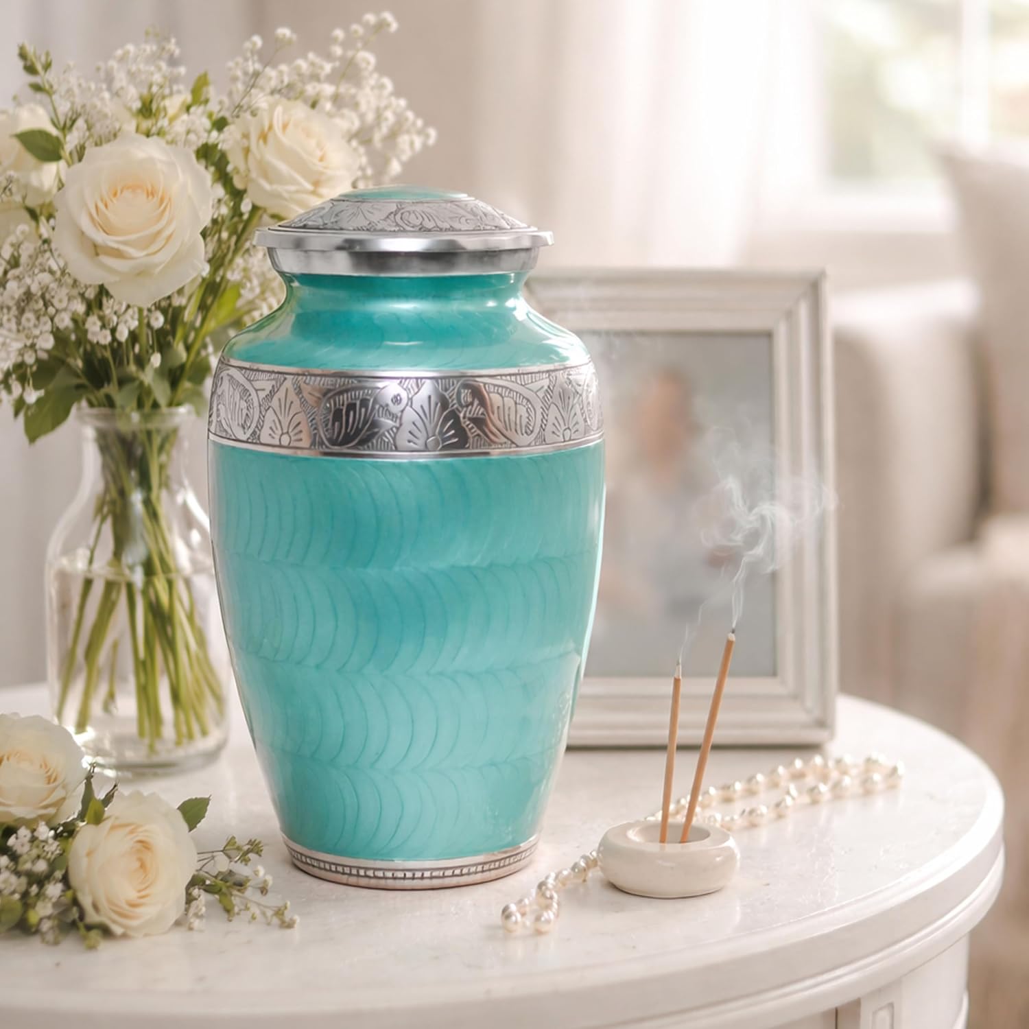 Soft Green Silver Metal Cremation Urn for Adult Ashes – Elegant Texture Design, 10” x 6”
