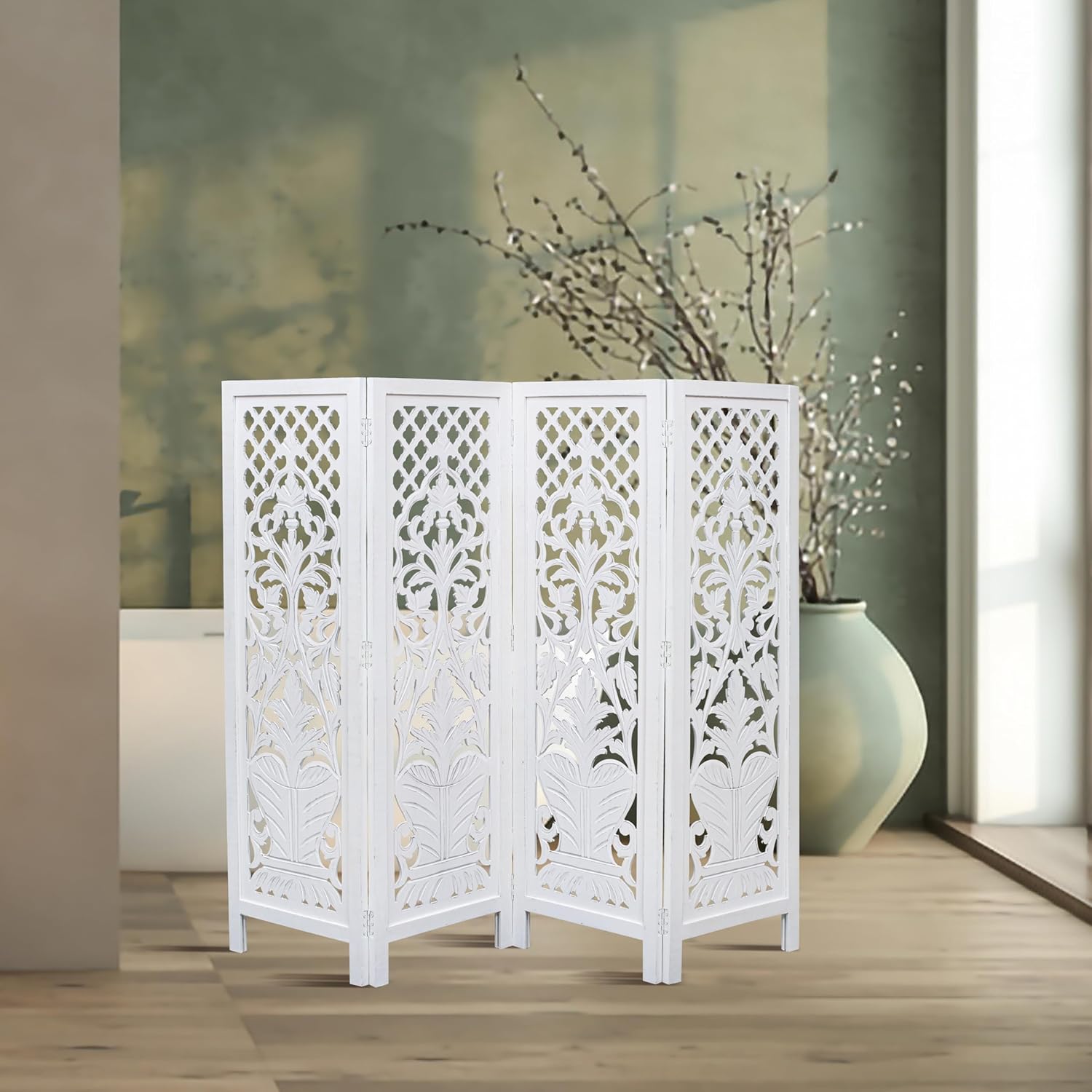 Hand-Carved Wooden Room Divider – 4-Panel Folding Screen (64”×54”)