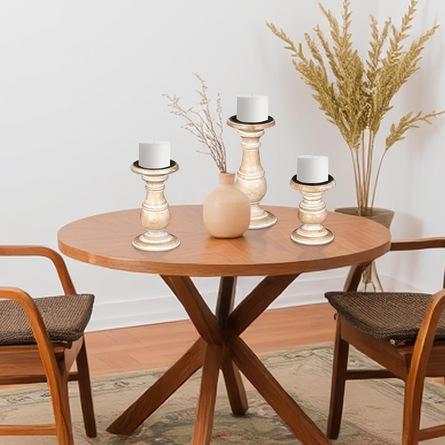 Wooden Town Turned Pillar Candle Holders – Set of 3 (White Wash)