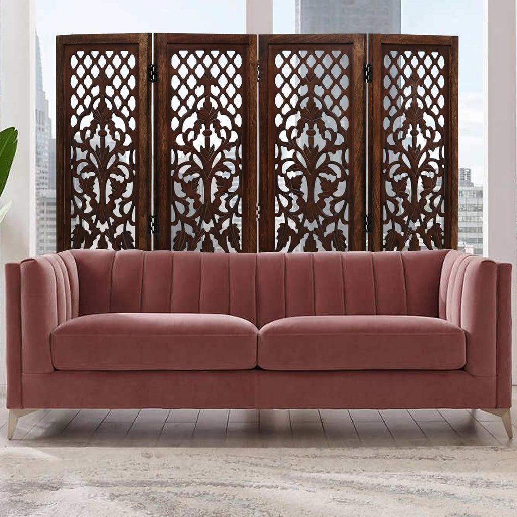 Hand-Carved Wooden Room Divider – 4-Panel Folding Screen (64”×54”)