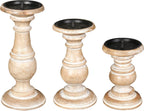 Wooden Town Turned Pillar Candle Holders – Set of 3 (White Wash)