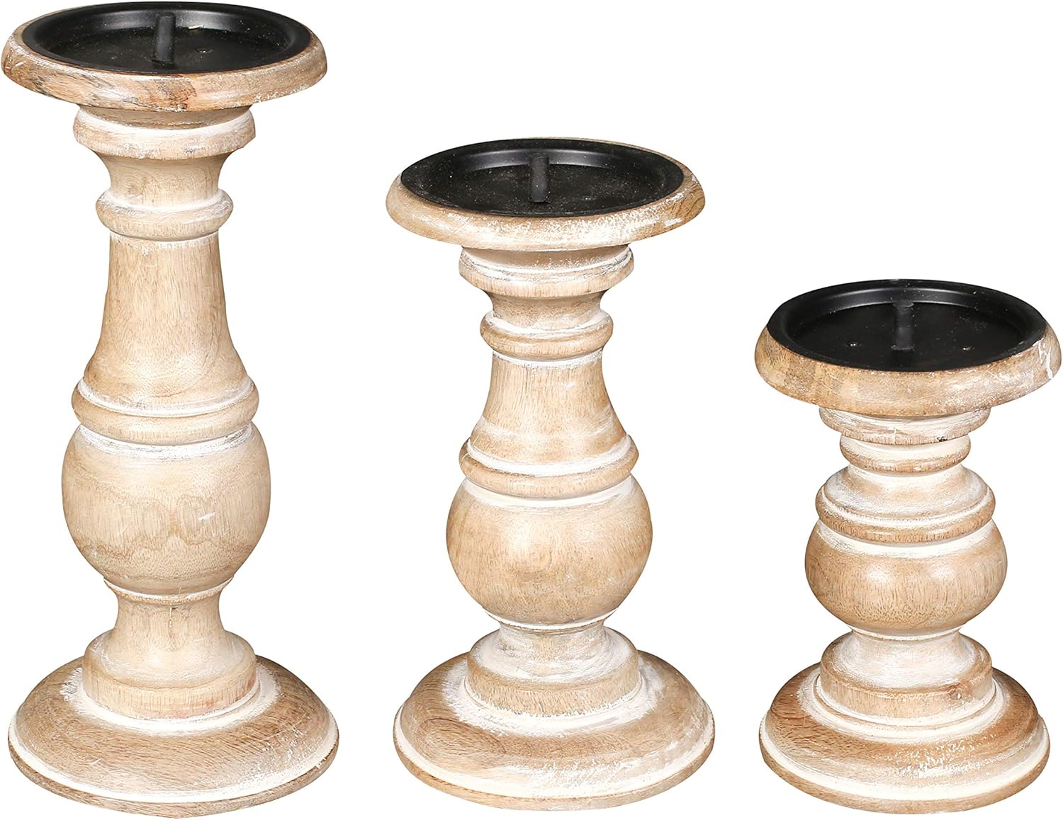 Wooden Town Turned Pillar Candle Holders – Set of 3 (White Wash)