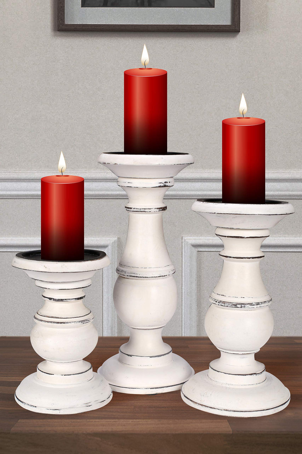 Wooden Town Pillar Candle Holders – Set of 3 (Antique White)