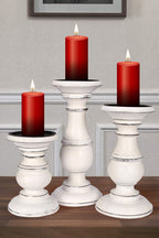 Wooden Town Pillar Candle Holders – Set of 3 (Antique White)