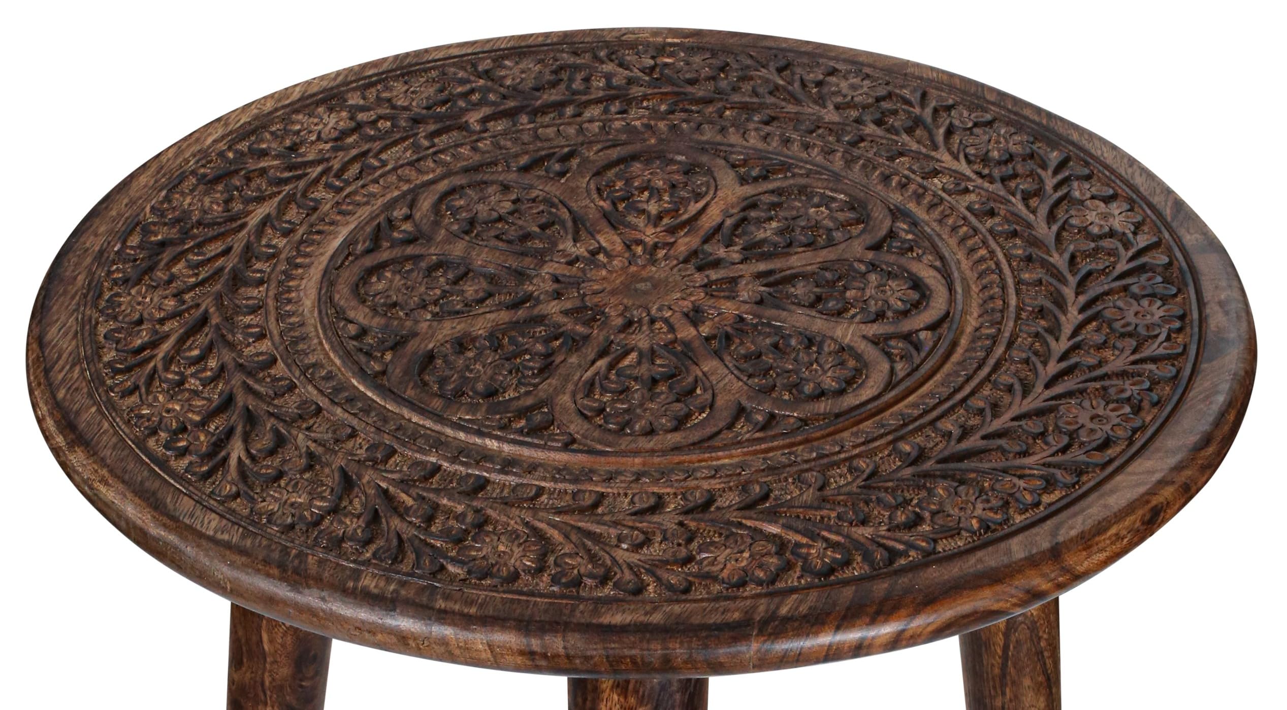 Round Solid Wood End Table – Hand-Carved Top, 3-Leg Design (18”×22”)