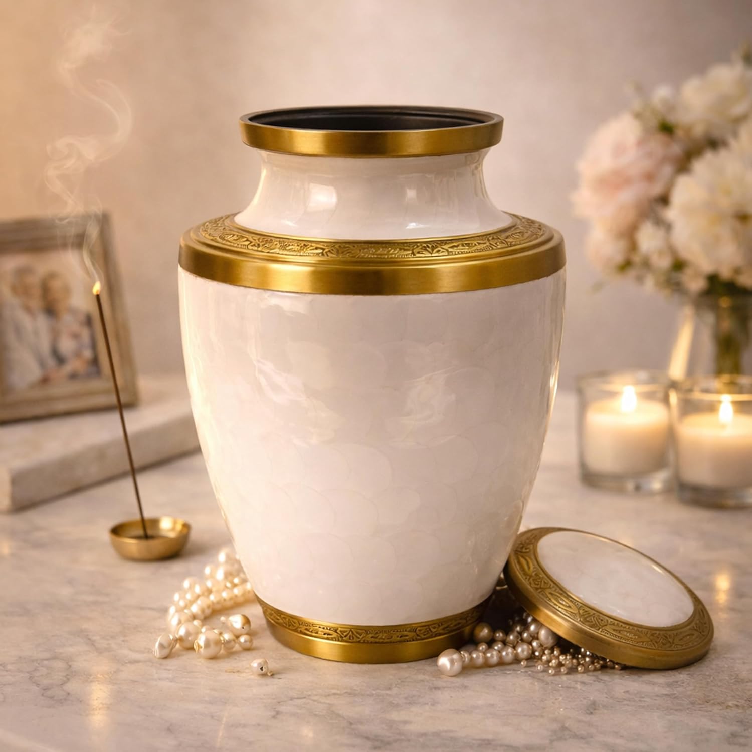 Trinity Pearl White Gold Metal Cremation Urn for Adult Human Ashes – 10” x 6.5”