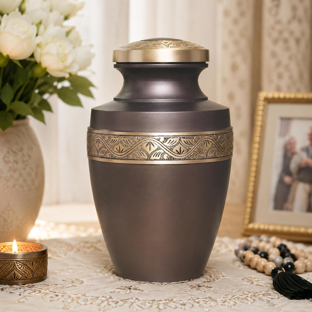 Grecian Coffee Gold Metal Cremation Urn for Adult Ashes – 9” x 7”