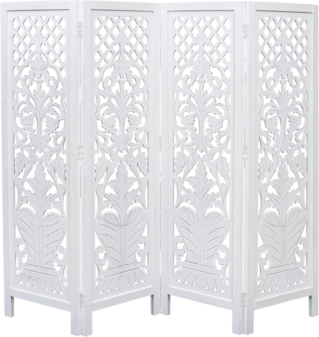 Hand-Carved Wooden Room Divider – 4-Panel Folding Screen (64”×54”)