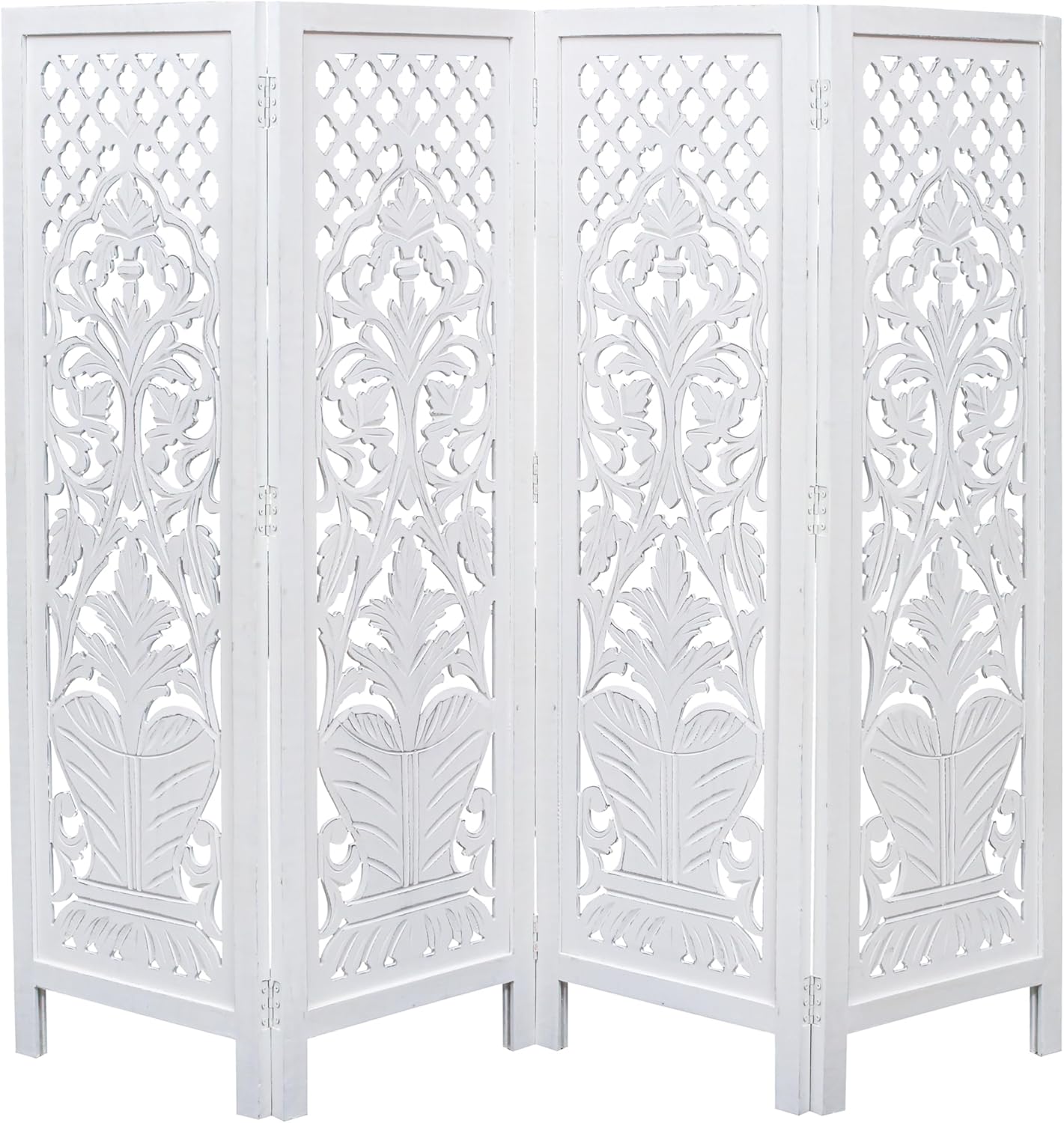 Hand-Carved Wooden Room Divider – 4-Panel Folding Screen (64”×54”)