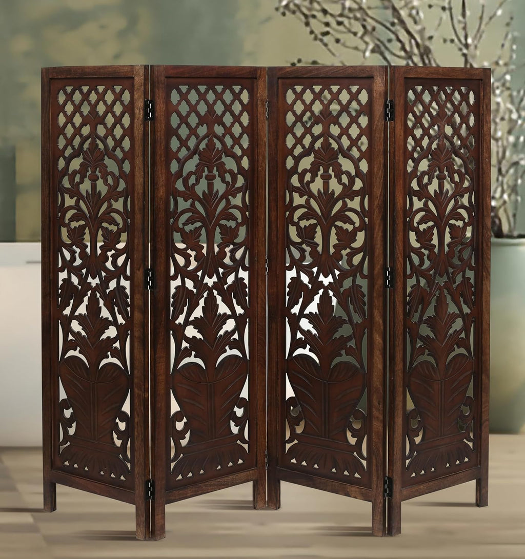 Hand-Carved Wooden Room Divider – 4-Panel Folding Screen (64”×54”)