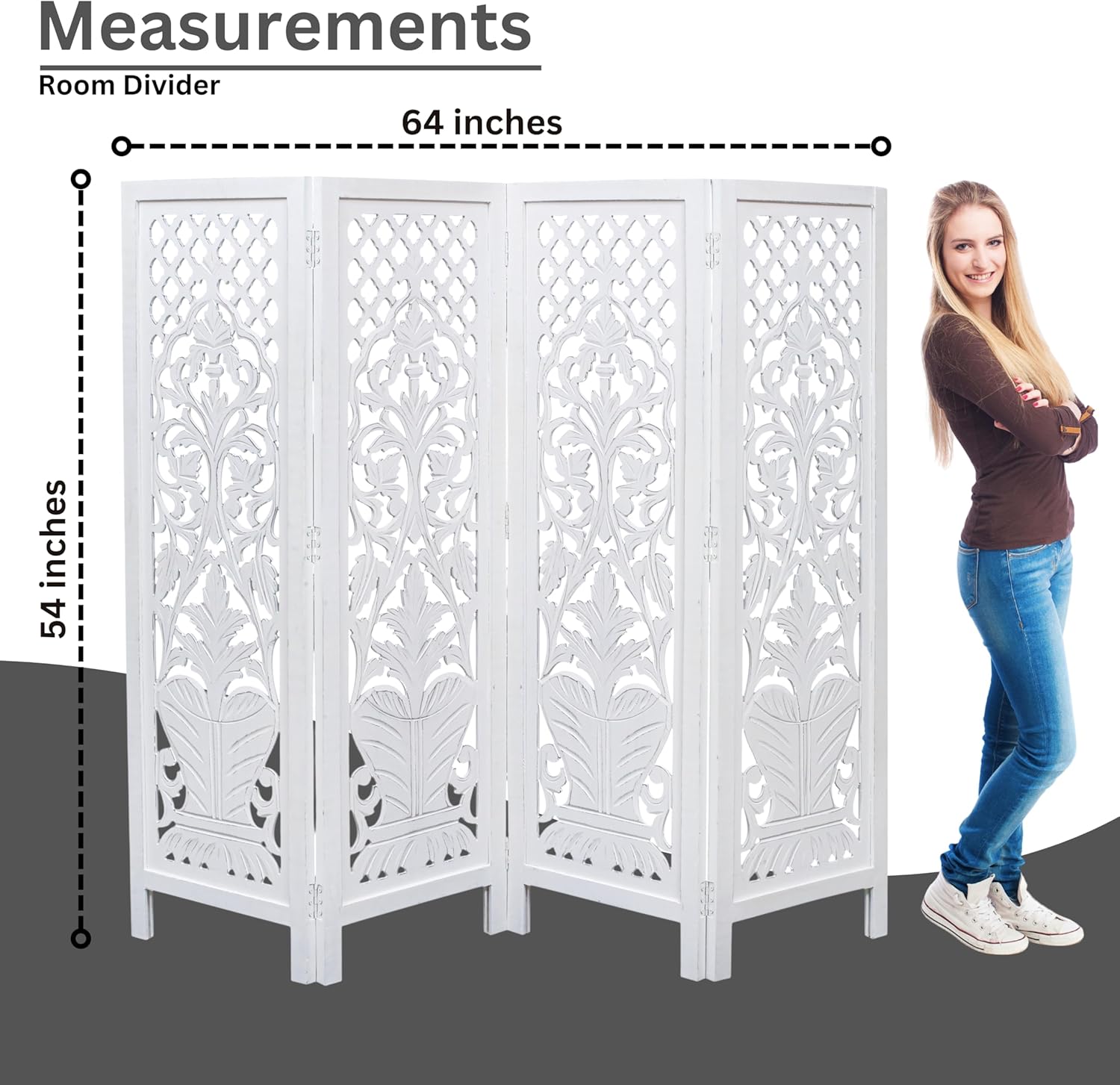 Hand-Carved Wooden Room Divider – 4-Panel Folding Screen (64”×54”)
