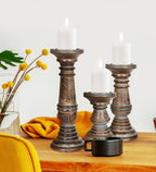 Wooden Town Leaf Design Pillar Candle Holders – Set of 3 (Grey Wash)