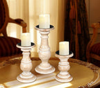 Wooden Town Turned Pillar Candle Holders – Set of 3 (White Wash)