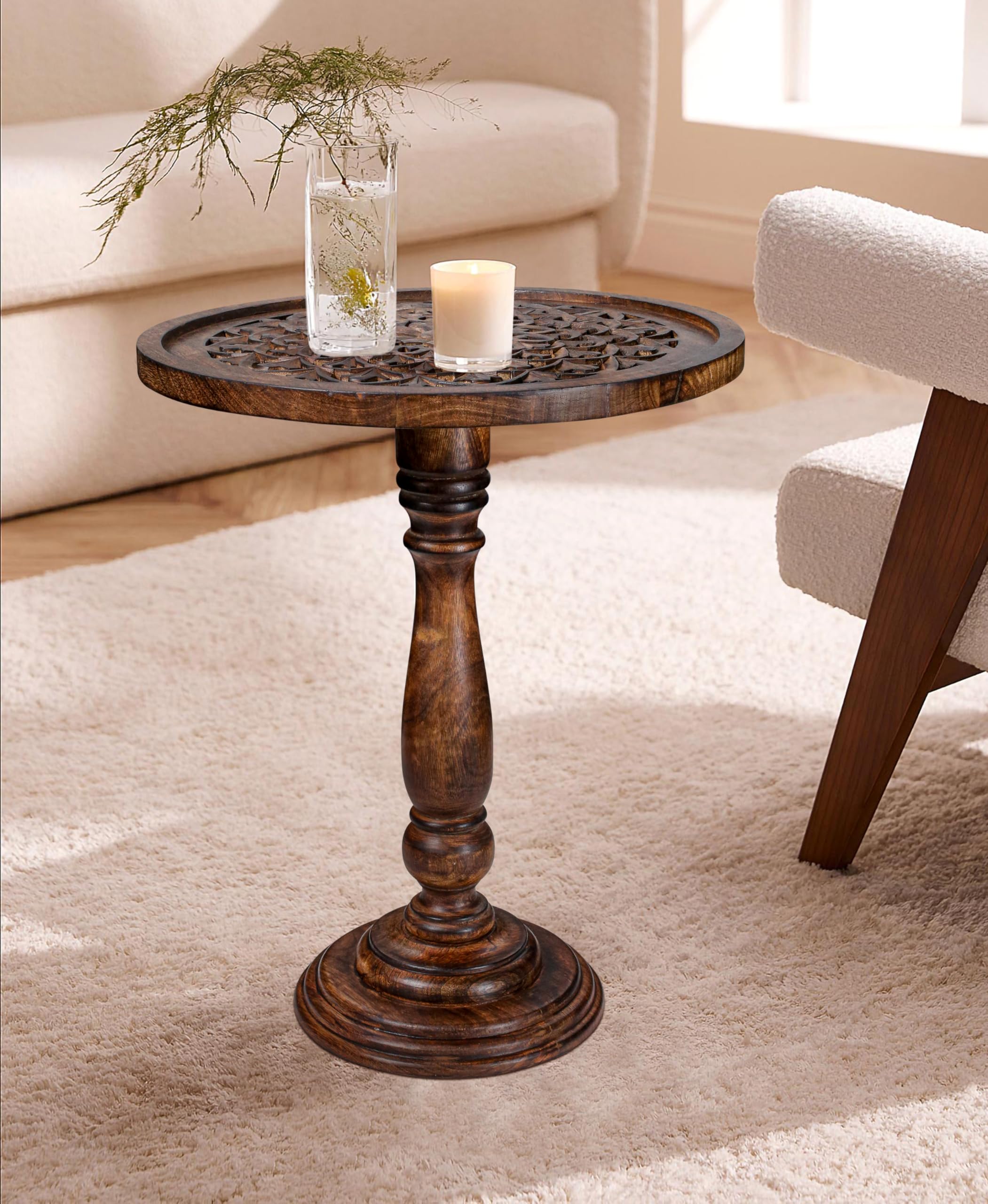 Hand-Carved Solid Wood Pedestal End Table (18”×22”)