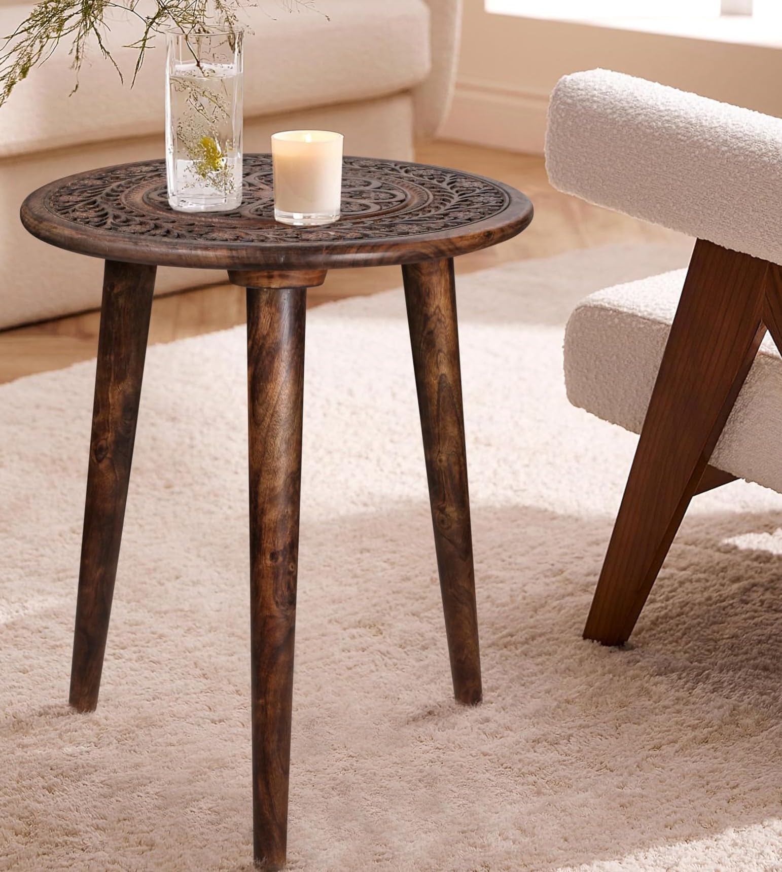 Round Solid Wood End Table – Hand-Carved Top, 3-Leg Design (18”×22”)