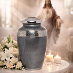 Platinum Gray Silver Metal Cremation Urn for Adult Remains – Elegant Texture, 10” x 6”
