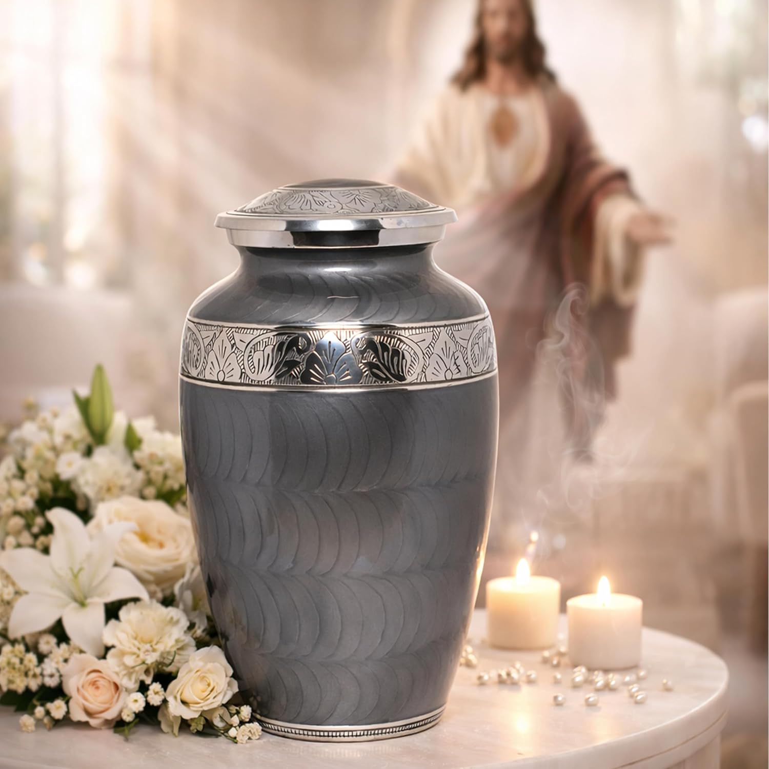 Platinum Gray Silver Metal Cremation Urn for Adult Remains – Elegant Texture, 10” x 6”