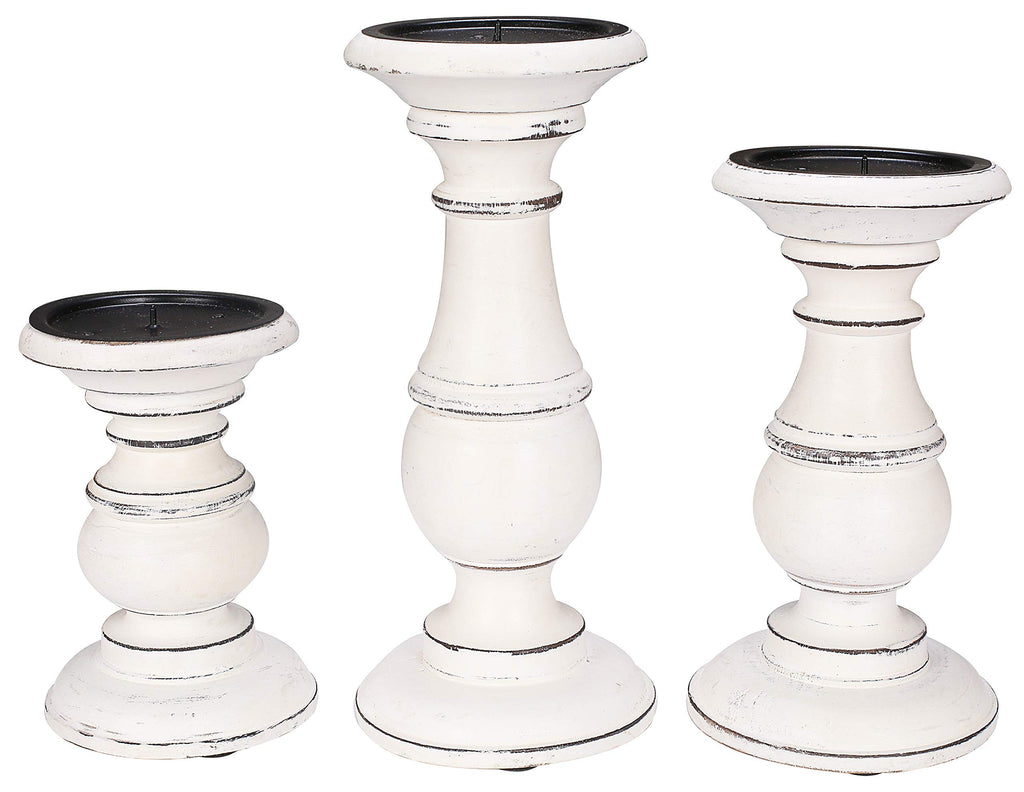 Wooden Town Pillar Candle Holders – Set of 3 (Antique White)