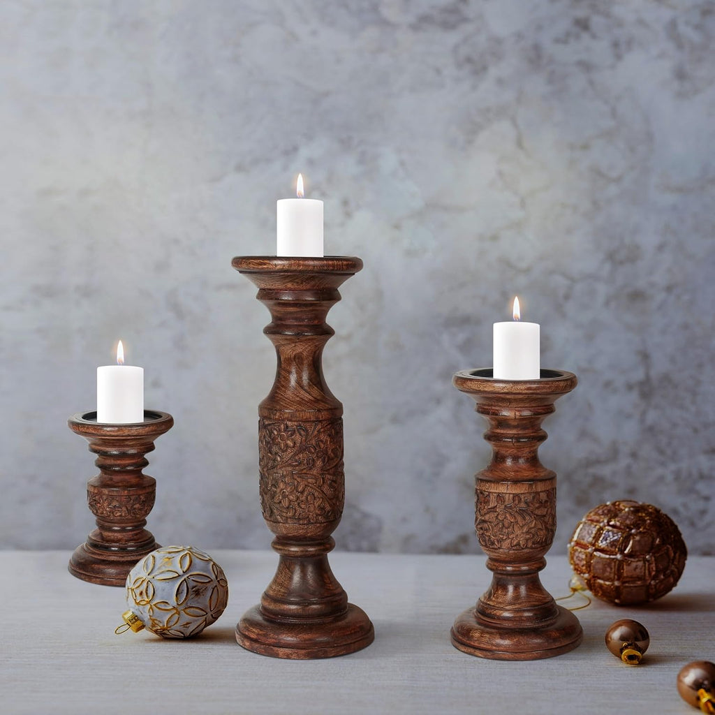 Wooden Town Hand-Carved Pillar Candle Holders – Set of 3 (Dark Burnt)