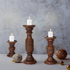 Wooden Town Hand-Carved Pillar Candle Holders – Set of 3 (Dark Burnt)