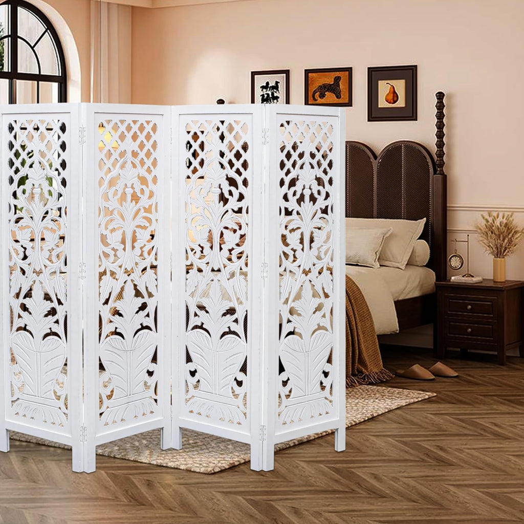 Hand-Carved Wooden Room Divider – 4-Panel Folding Screen (64”×54”)