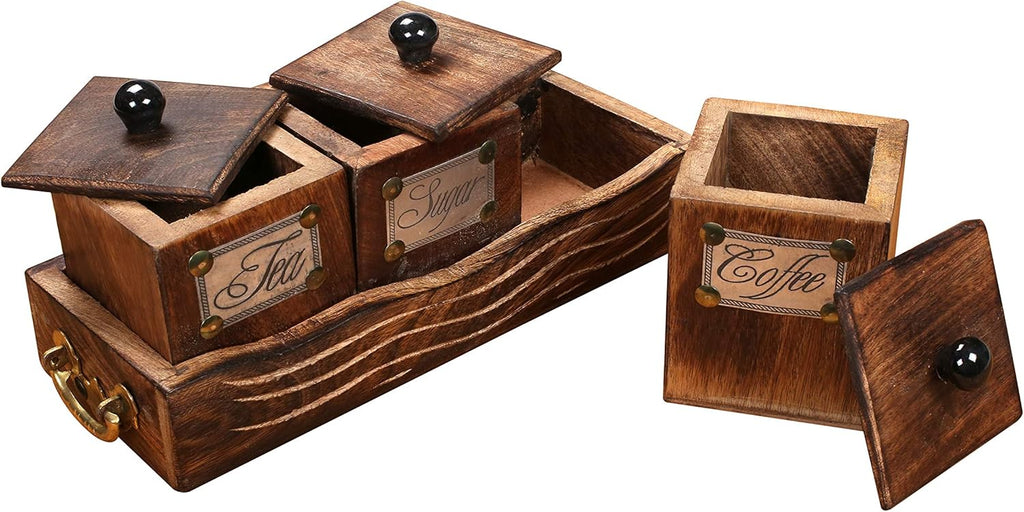 Wooden Tea Coffee Sugar Storage Canister Set with Holder (10.5×4×4 in)