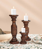 Wooden Town Hand-Carved Pillar Candle Holders – Set of 3 (Dark Burnt)