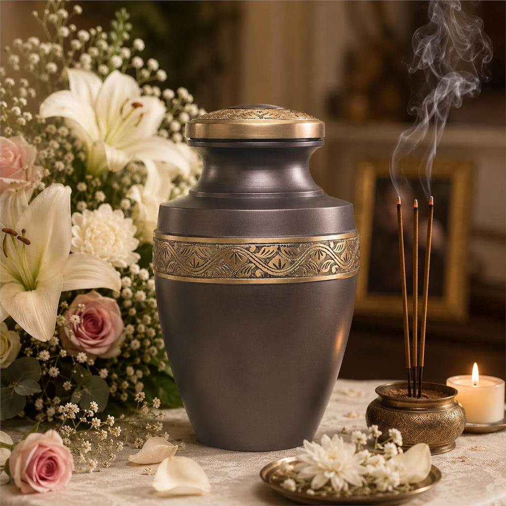 Grecian Coffee Gold Metal Cremation Urn for Adult Ashes – 9” x 7”
