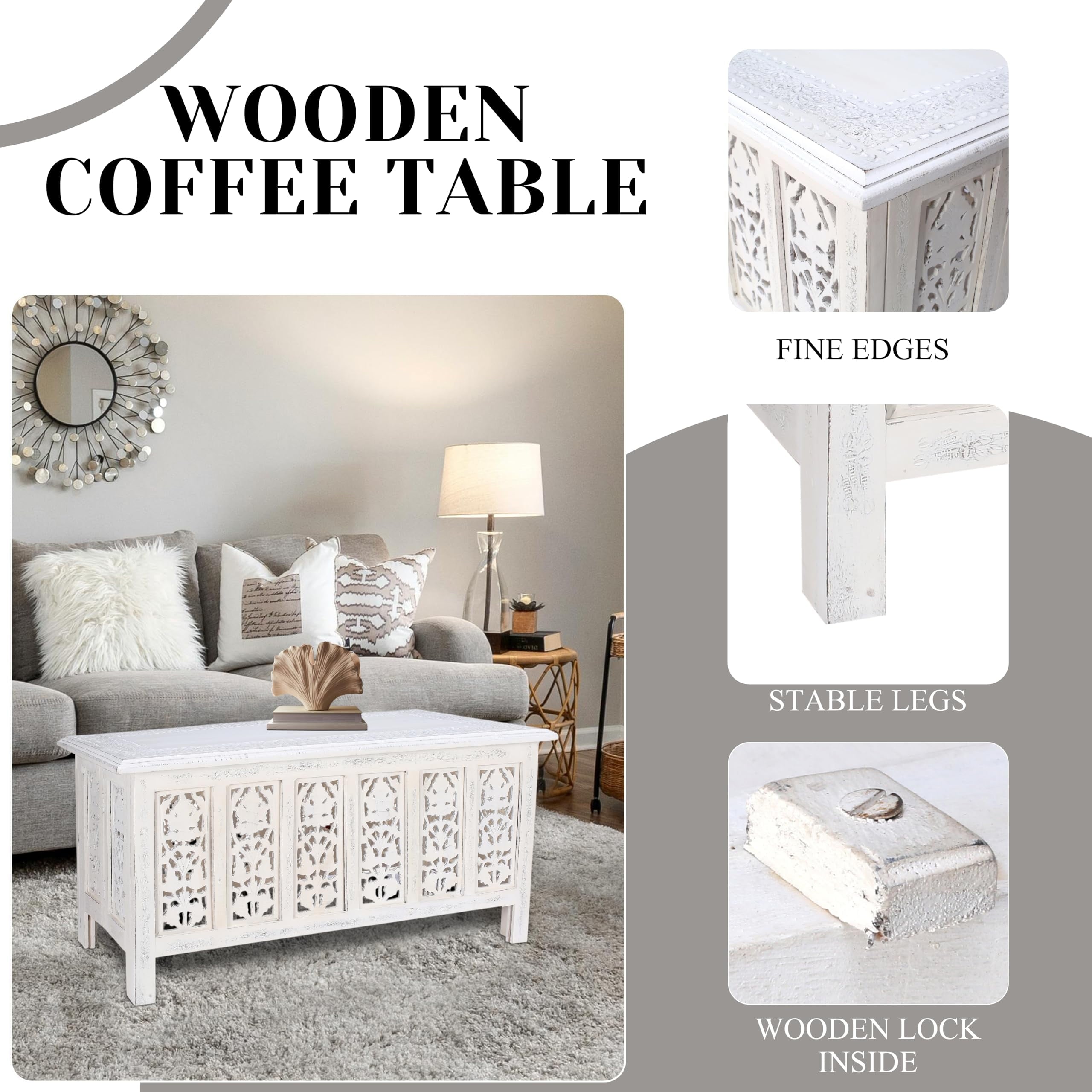 Rectangular Wooden Coffee Table, White Finish Modern Center Table, 36 x 18 Inch