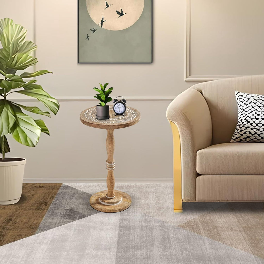 The Wooden Town Round Side Table, Hand-Carved Drink Table, White Wash Finish, 12 x 22 Inch