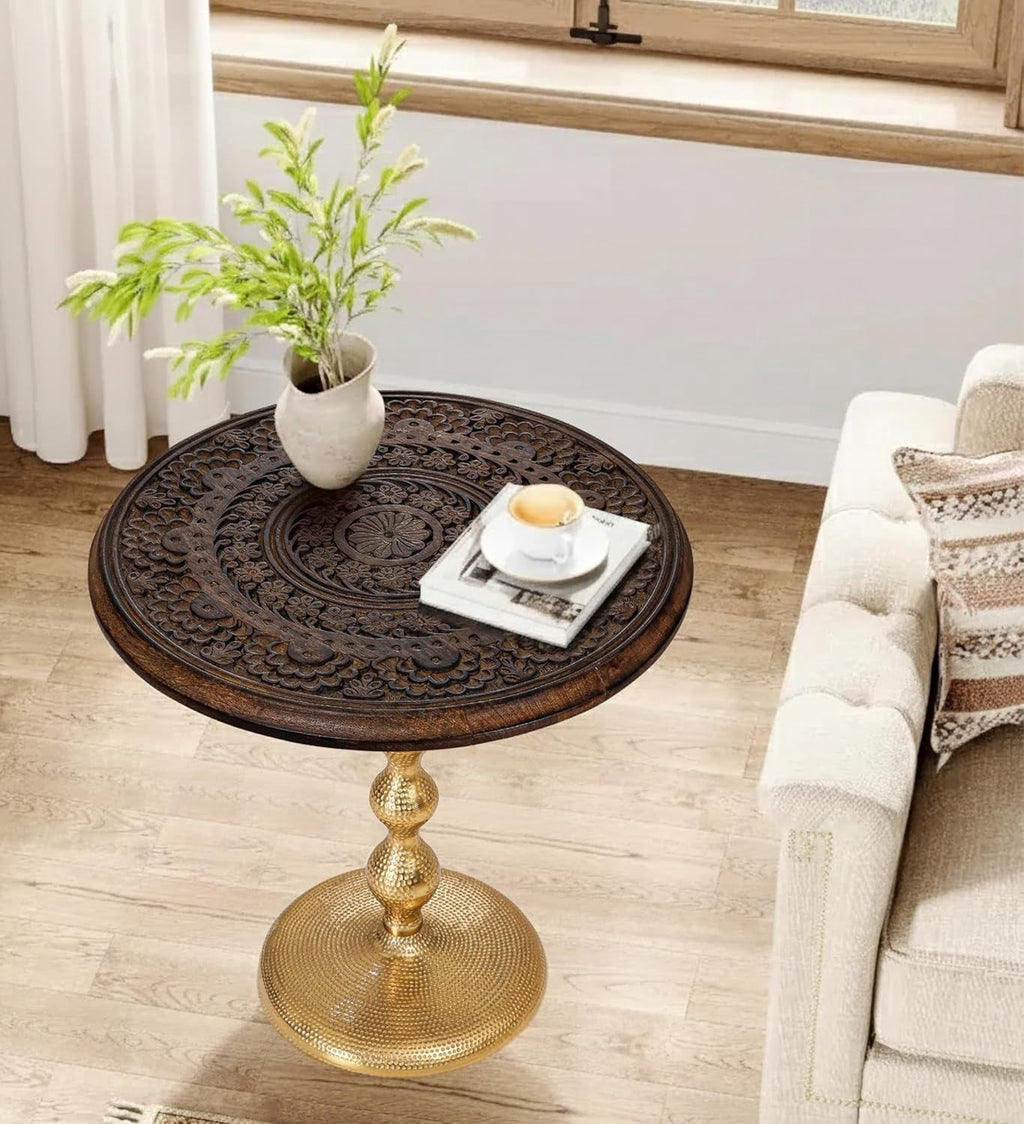 The Wooden Town Hand-Carved Boho Folding Side Table, Burnt Brown Top with Gold Aluminum Base, 18 x 22 Inch