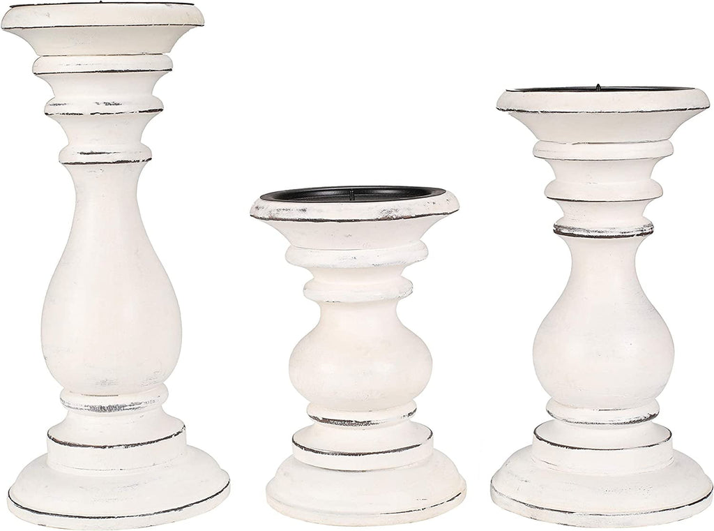 Antique White Wooden Pillar Candle Holder Set of 3