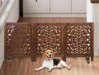 The Wooden Town Freestanding Dog Gate, Foldable 3-Panel Wooden Pet Gate, Hand-Carved Solid Wood & MDF, Burnt Finish, 54" W x 24" H