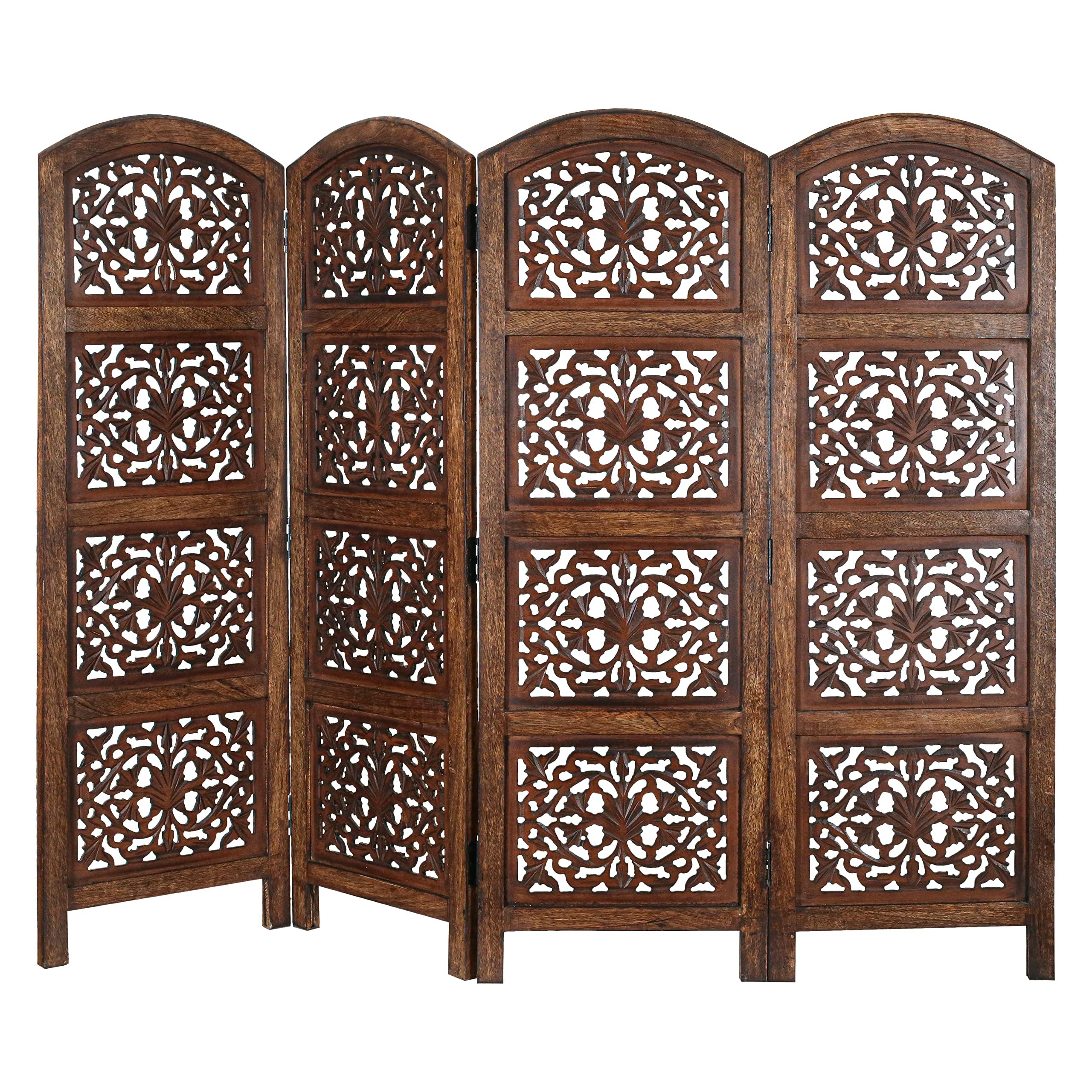 The Wooden Town 4-Panel Folding Room Divider – 64" x 48" Burnt Brown
